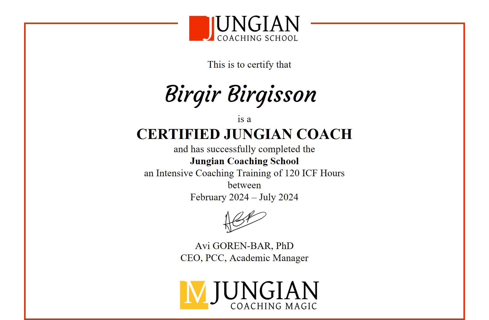 Certifikat - Birgir Birgirsson - Certifierad Jungiansk Coach
